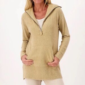 Barefoot Dreams Cozychic Lite Knit Oversize Turtleneck Quarter Zip Pullover Tan